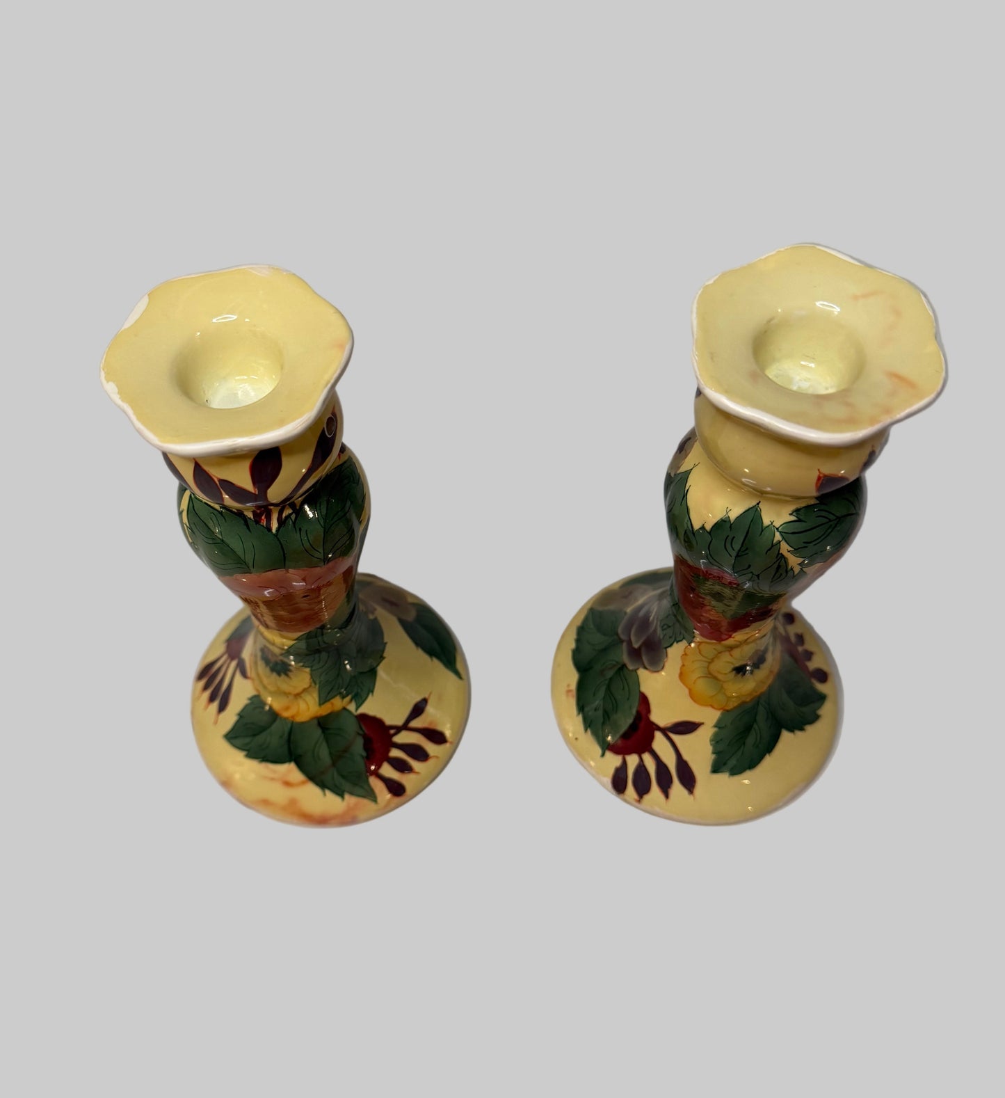 Vintage Hand-Painted Floral Ceramic Candle Holders — Set of 2