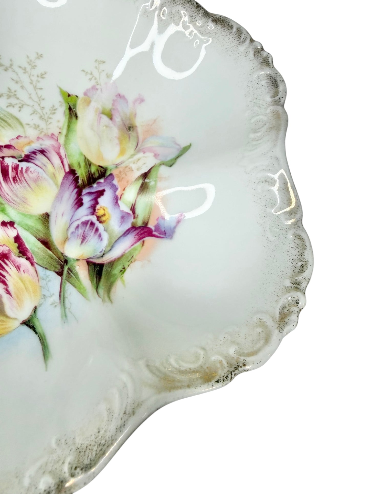 Antique German Porcelain Clover Bowl – Hand-Painted Floral | Late Victorian / Edwardian Era