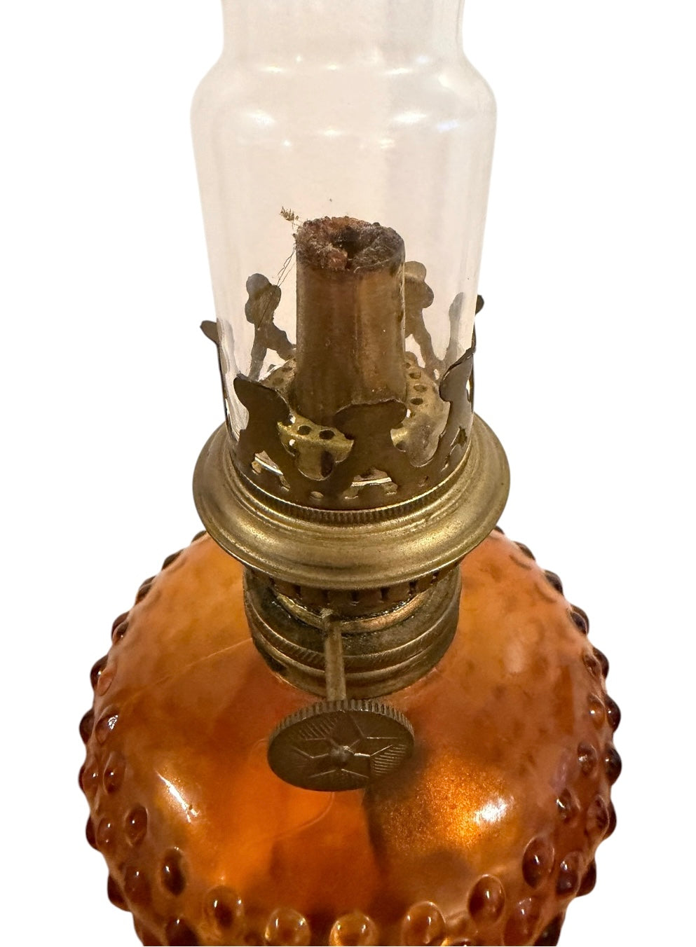 Amber Hobnail Vintage Kerosene/Oil Lamp with Star Burner & Glass Chimney
