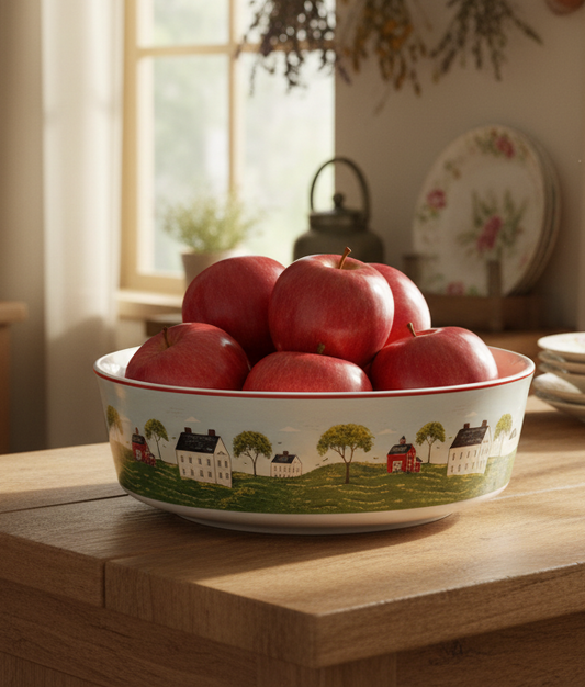 Vintage Sakura Country Life 9” Round Serving Bowl | Warren Kimble | Brandon House Stoneware | Farmhouse Cottage Decor