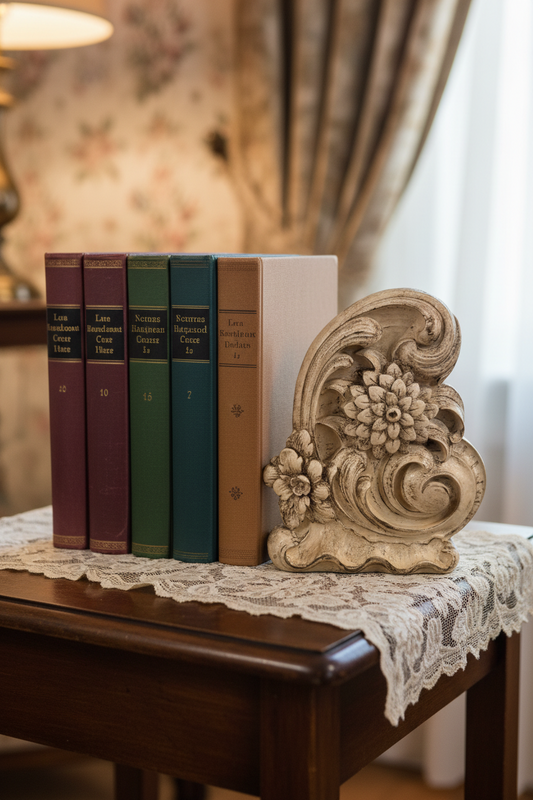 Vintage Syroco Floral Bookends | Pair of Distressed White Composite Wood Bookends | Hollywood Regency Decor