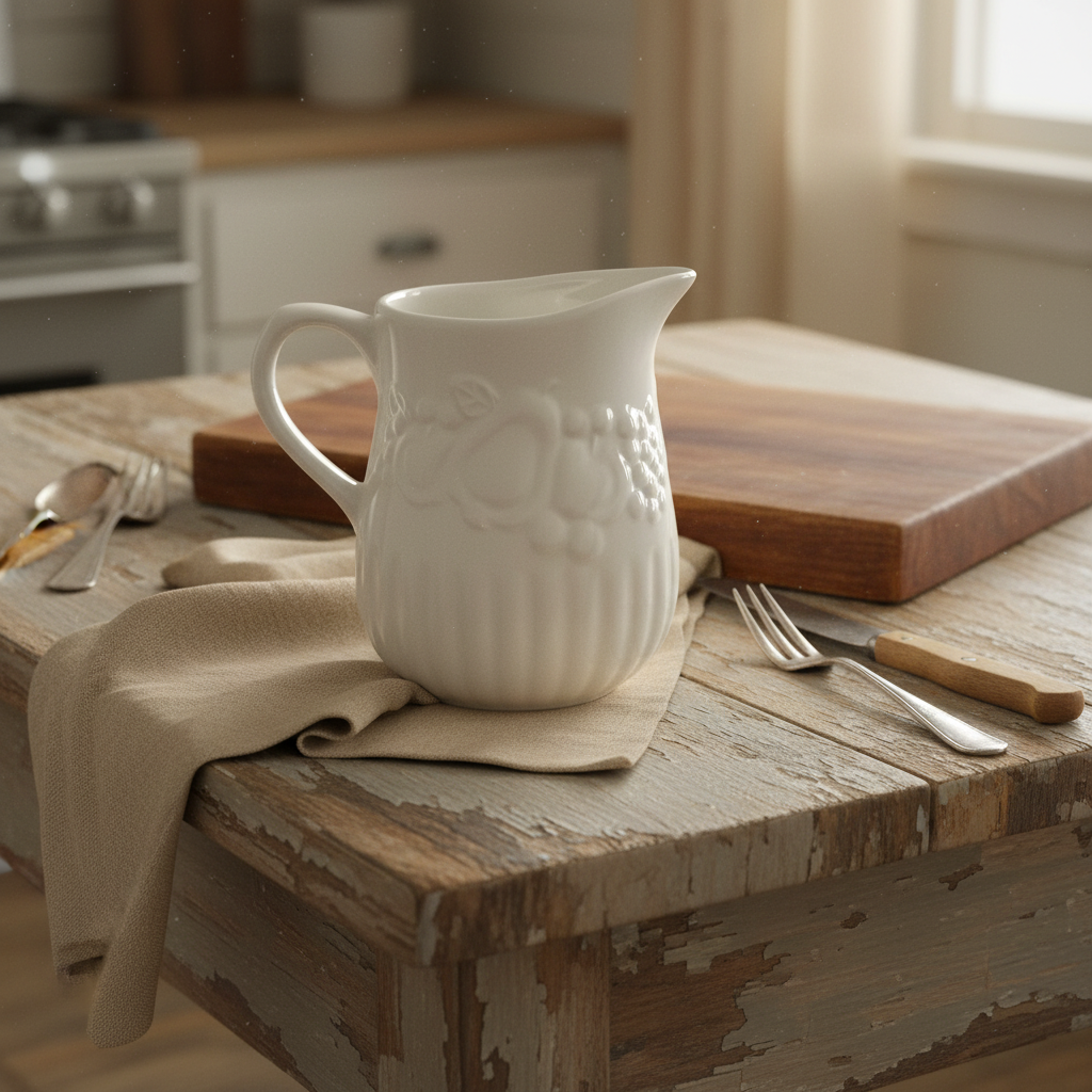 Vintage Libbey White Ceramic Creamer – Embossed Fruit Pattern, 1970s