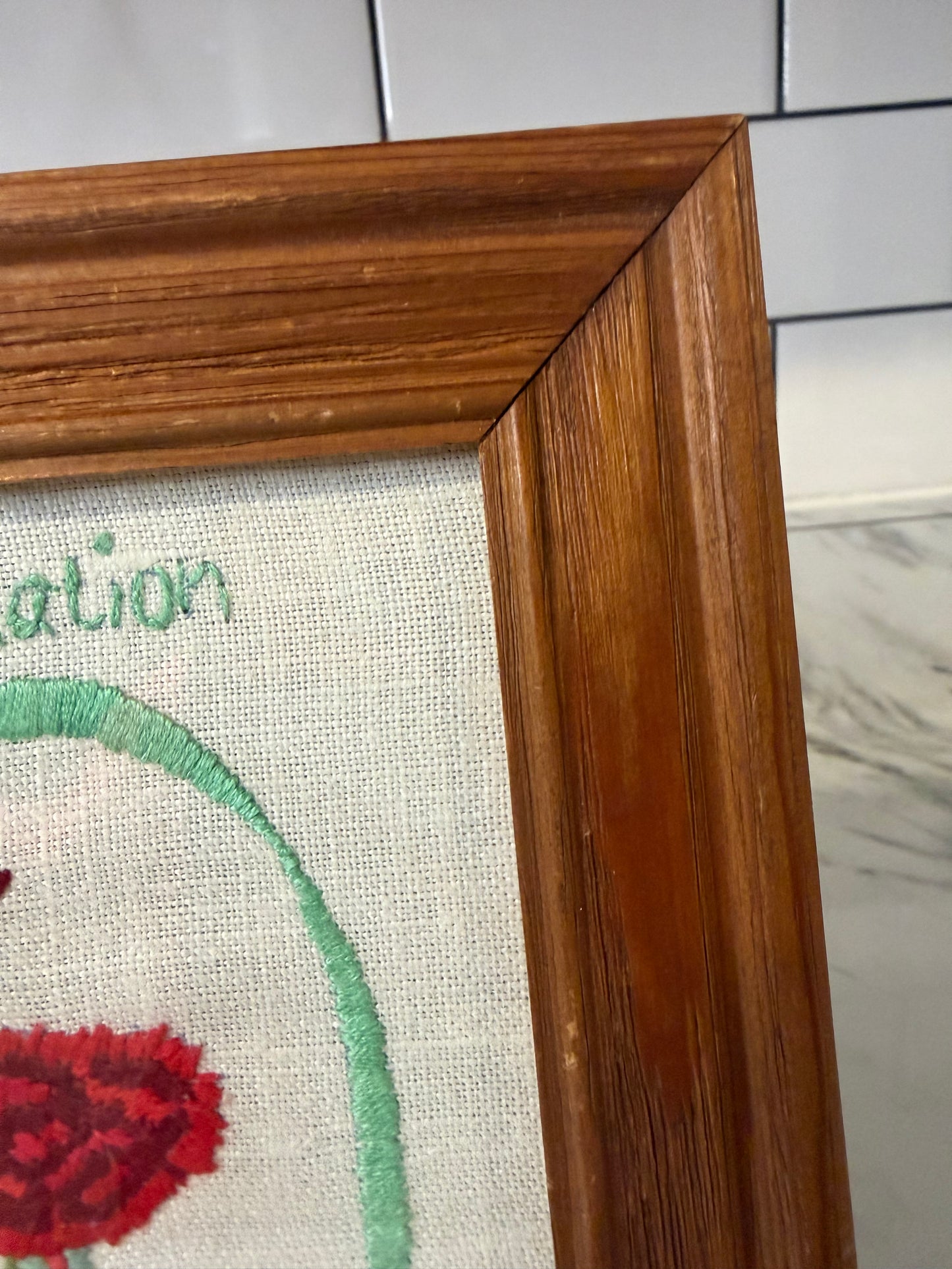 Framed Vintage Paragon Needle Craft “Carnation” Embroidery – Julie Nixon Eisenhower Collection (1975)