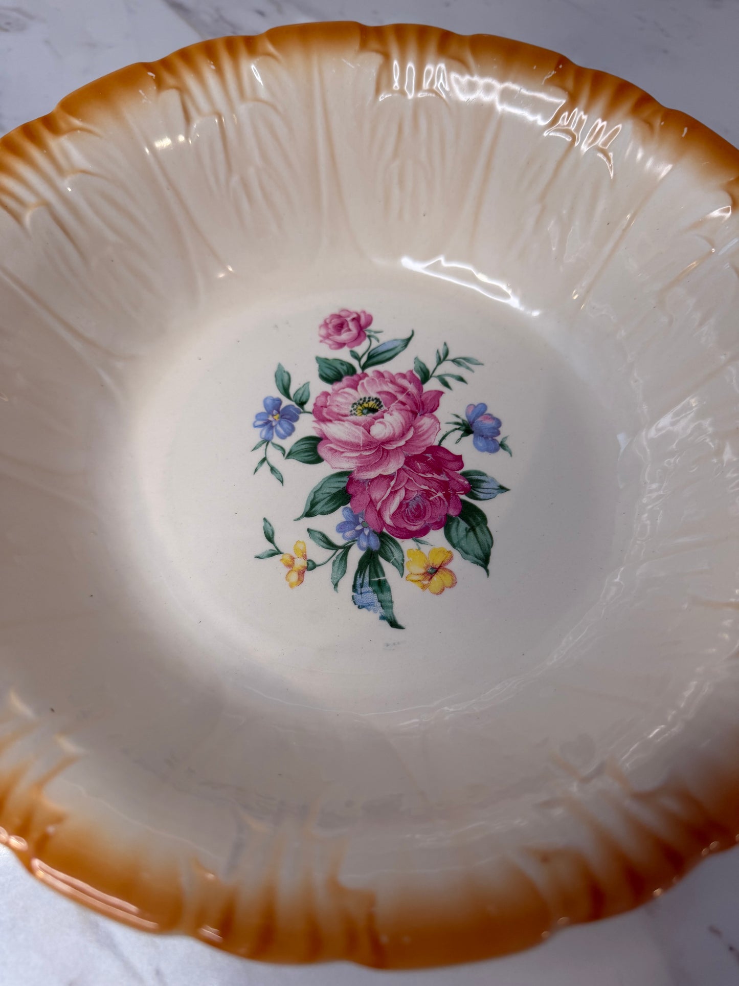 Vintage Homer Laughlin Serving Bowl – Floral with Orange/Gold Rim (c. 1950s)