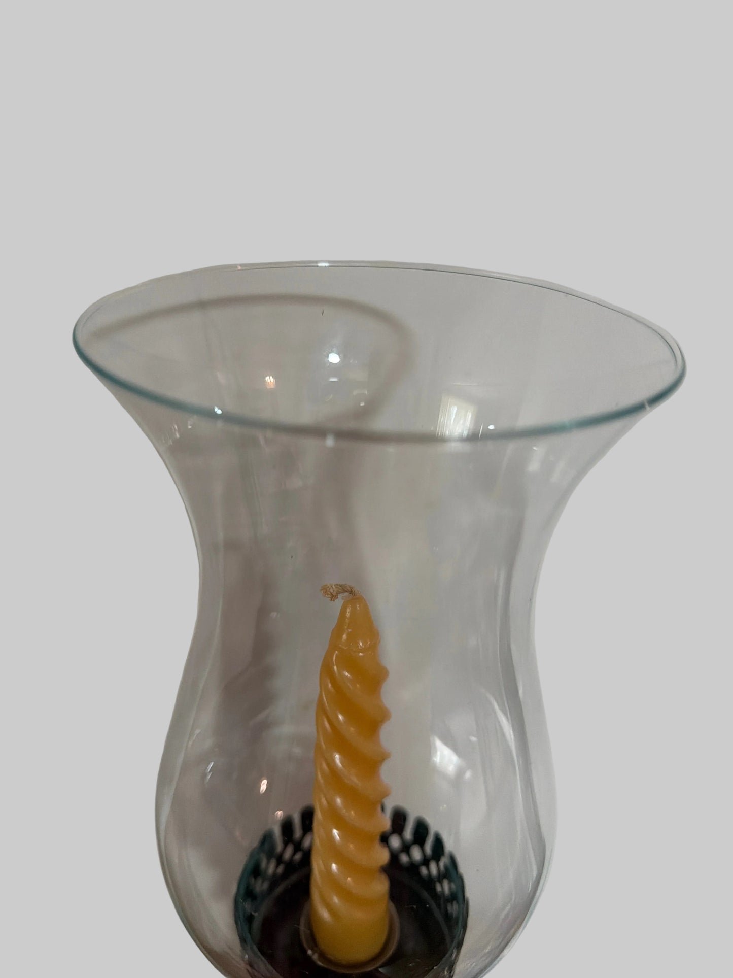 Vintage Mid-Century Wood & Metal Candlestick Holder with Hurricane Shade