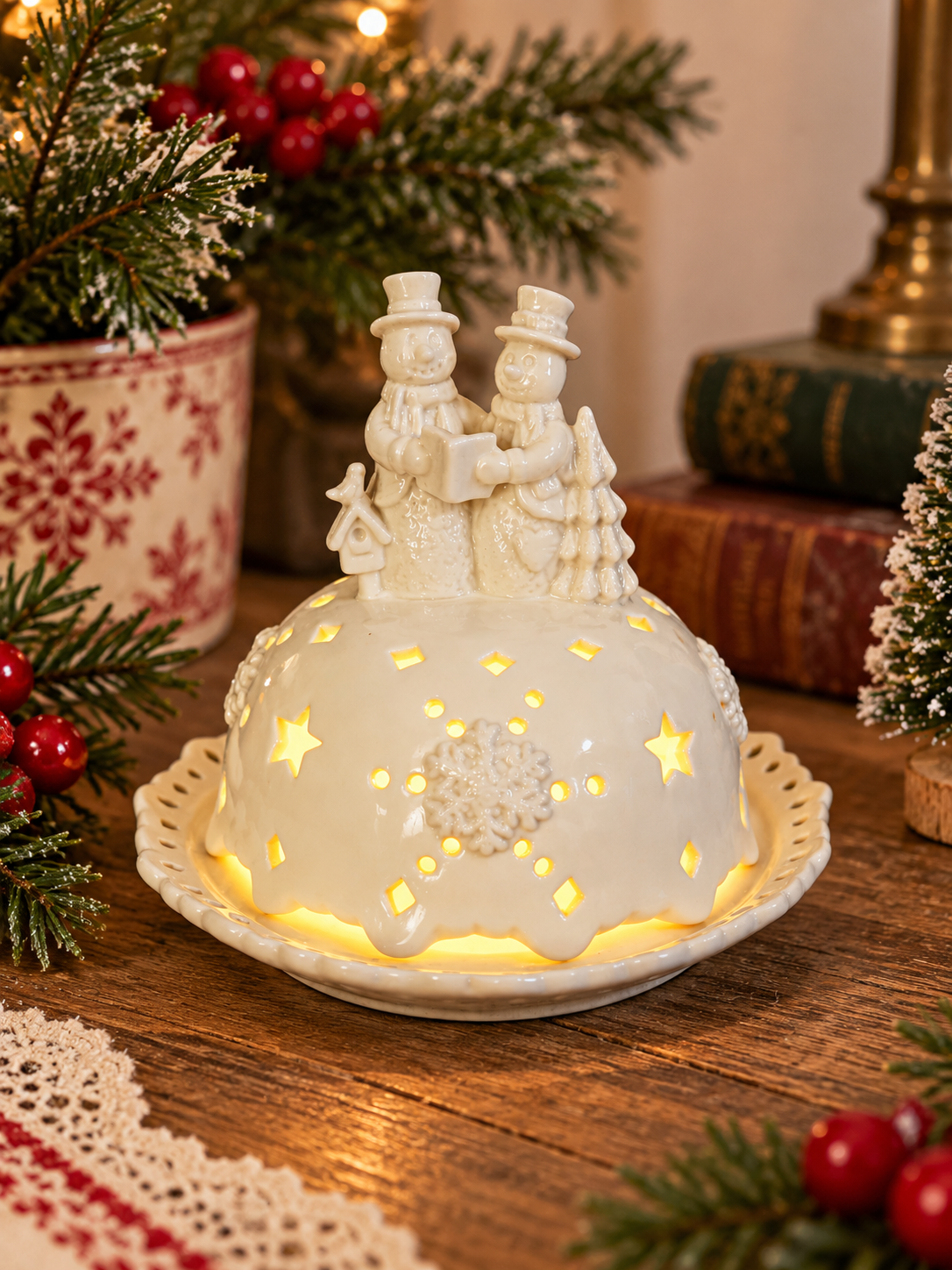 Cracker Barrel Vintage Porcelain Snowman Fairy Lamp | Christmas Tea Light Holder with Original Box