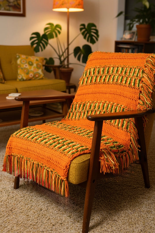 Vintage 1970s Crochet Afghan Blanket – Handcrafted Striped Throw with Fringe