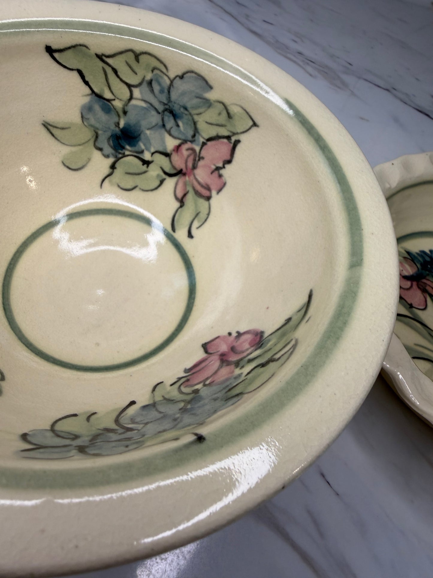 Vintage Hand-Painted Studio Pottery Floral Bowl - Pie Dish - Artisan Ceramic Serving Set (2)