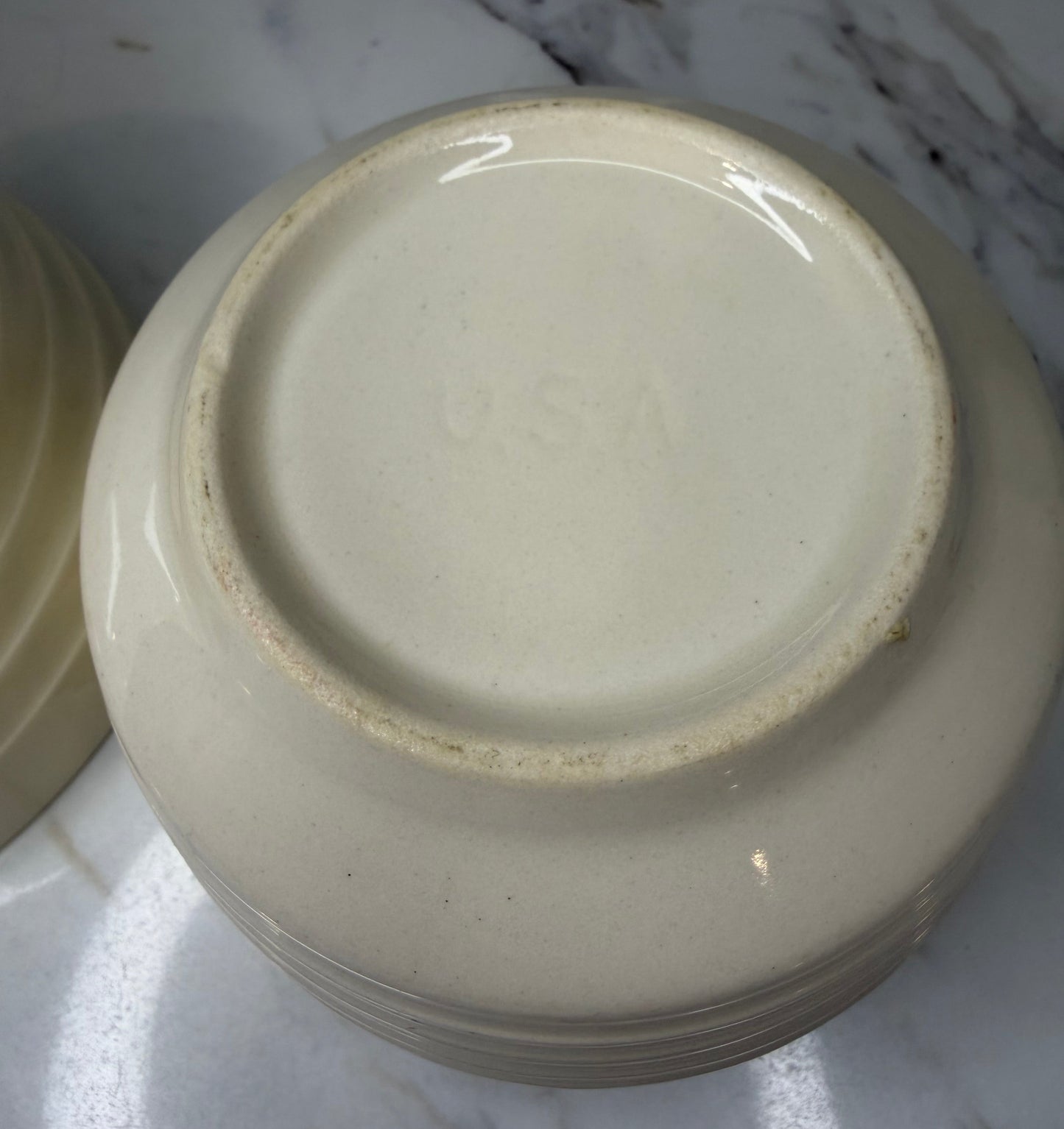 Set of 2 Vintage Ribbed Stoneware Bowls – Off-White “Beehive” Ringware (USA)