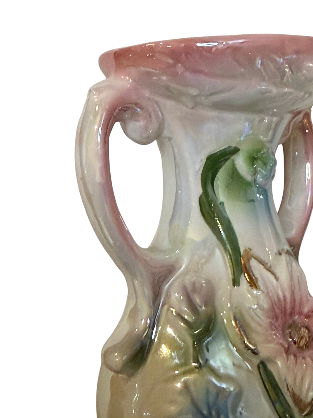 Vintage Brazilian Iridescent Lusterware Floral Pottery Set – Bud Vase & Planter