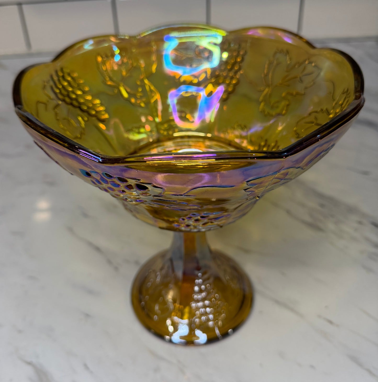 Vintage Indiana Glass Harvest Grape Amber Marigold Carnival Glass Pedestal Bowl