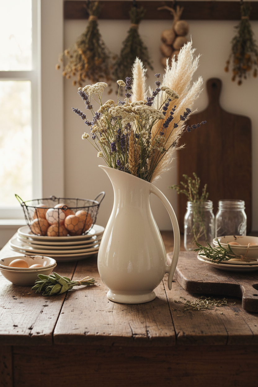 Off-White Ironstone “Semi-Porcelain” Style Pitcher | Mid-Century | Ivory Farmhouse Decor