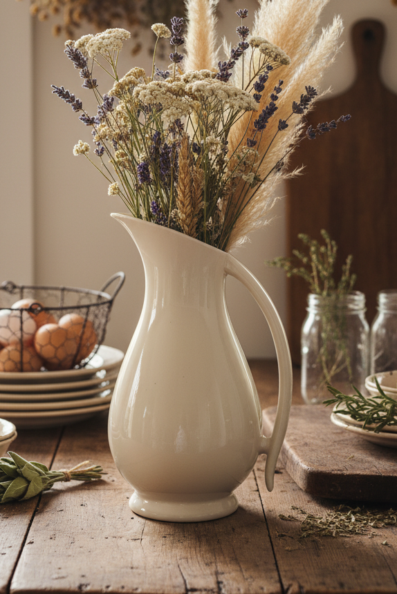 Off-White Ironstone “Semi-Porcelain” Style Pitcher | Mid-Century | Ivory Farmhouse Decor