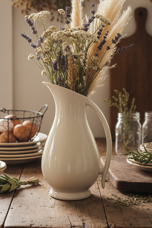 Off-White Ironstone “Semi-Porcelain” Style Pitcher | Mid-Century | Ivory Farmhouse Decor
