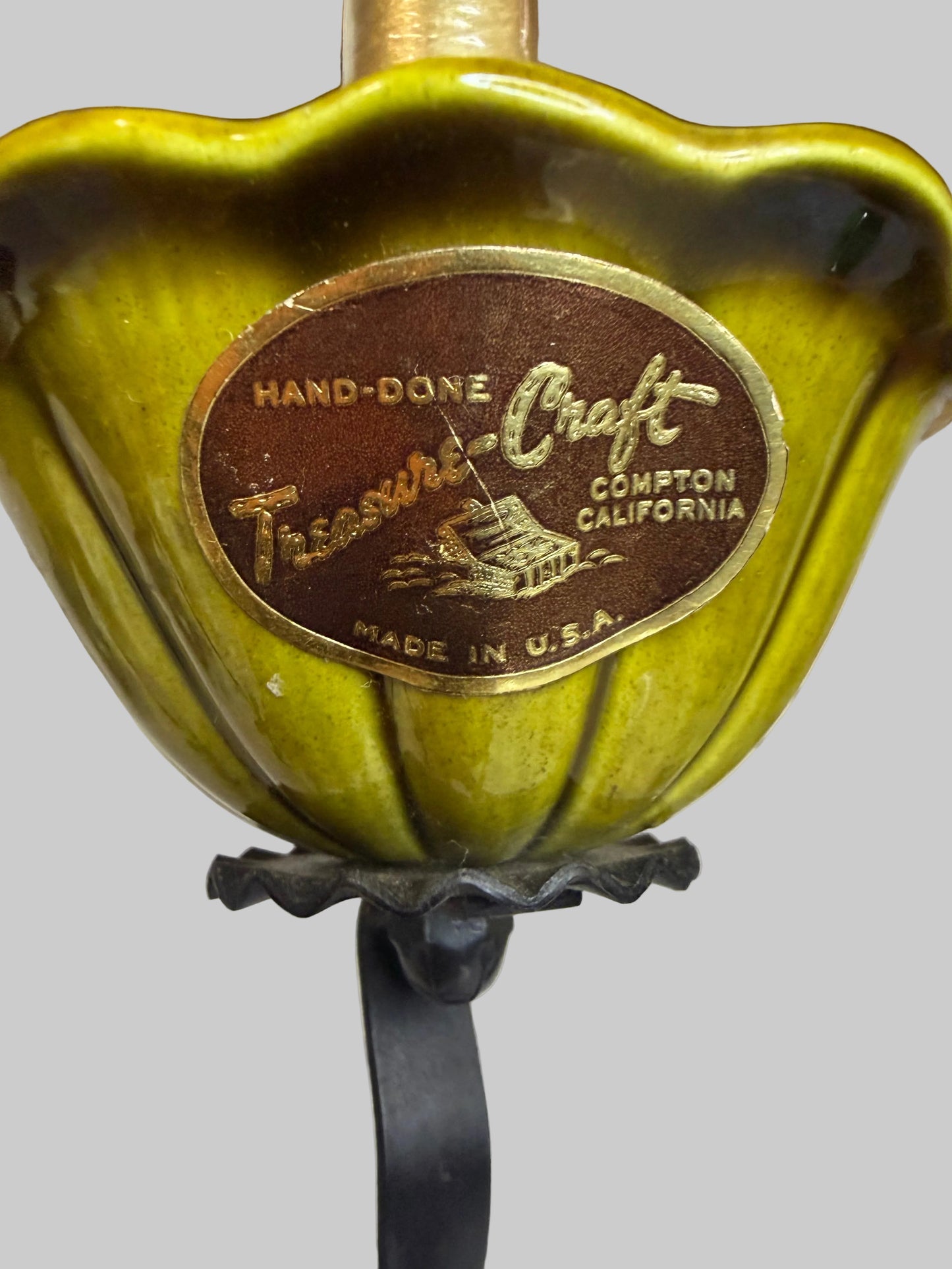 Set of Two Rare Treasure Craft Black Metal & Green Ceramic Candelabra