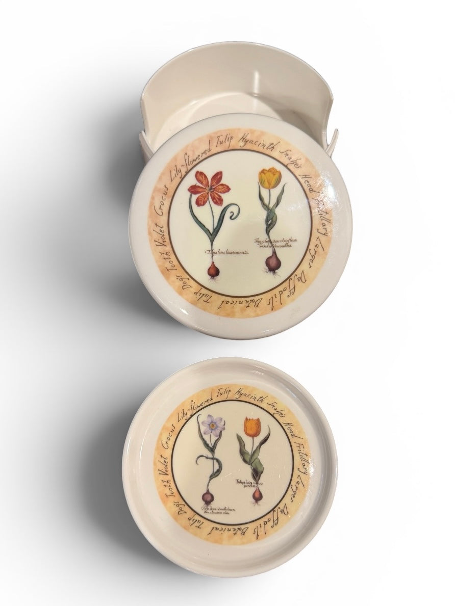 Cloverleaf Botanical “Tulip Bulbs” Vintage Melamine Coaster Set (5) With Case – Made in England