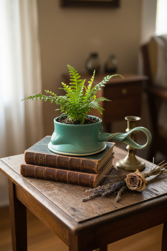 Set of 2 Handmade Teal Ceramic Bowls with Twisted Handles | Artisan Wheel-Thrown Stoneware