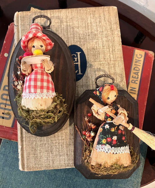 Pair of Corn Stalk Ladies Wood Mounted Appalachian Folk Art