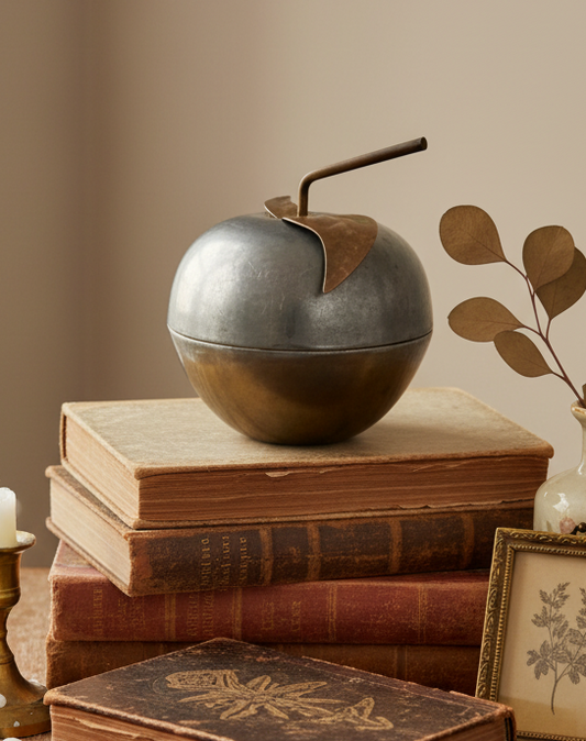 Vintage Metal Apple Trinket Box | Mid-Century Modern Lidded Jewelry Box | Sculptural Brass & Pewter Style Decor