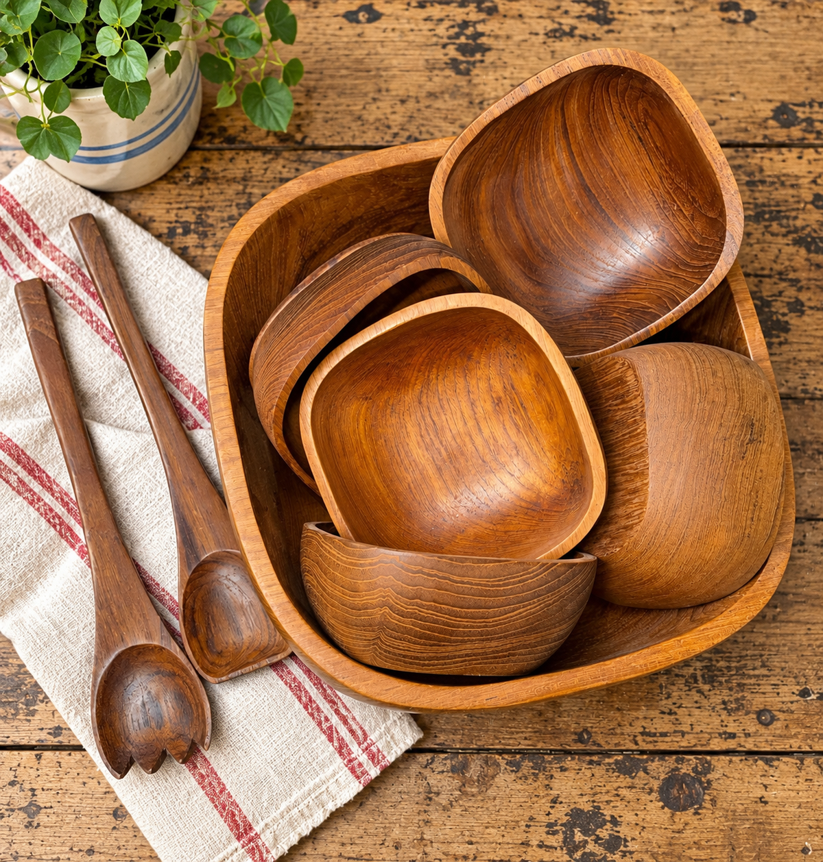 Mid-Century Vintage Goodwood Genuine Teak Salad Bowl Set - 9 Piece Handcrafted Set (Thailand)
