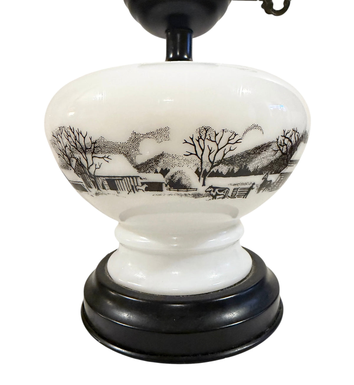 Currier & Ives Vintage Milk Glass Electric Lamp – Black & White Homestead Scene – 17”