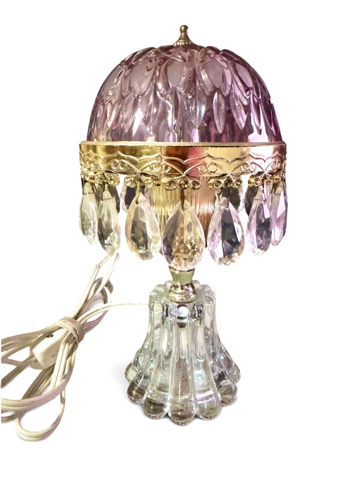 Michelotti Boudoir Vintage Lamp | Cranberry Pink Glass, Crystal Prisms, Mid-Century Holland Accent Lamp