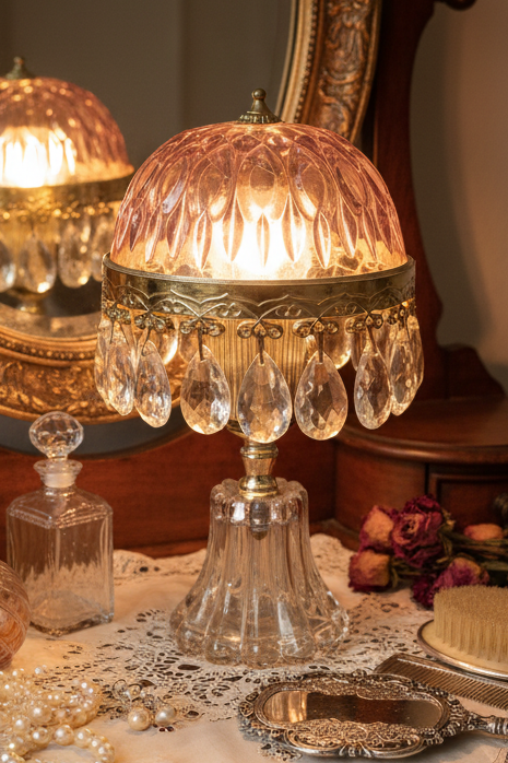 Michelotti Boudoir Vintage Lamp | Cranberry Pink Glass, Crystal Prisms, Mid-Century Holland Accent Lamp