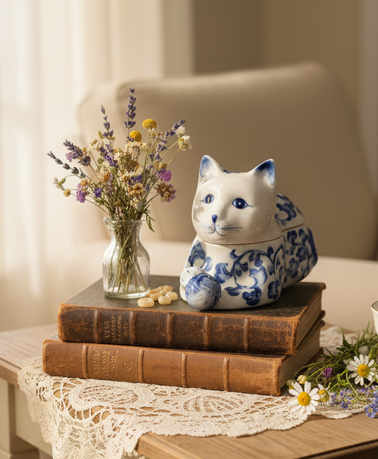 Andrea by Sadek Blue & White Porcelain Cat Trinket Box – Chinoiserie Decor