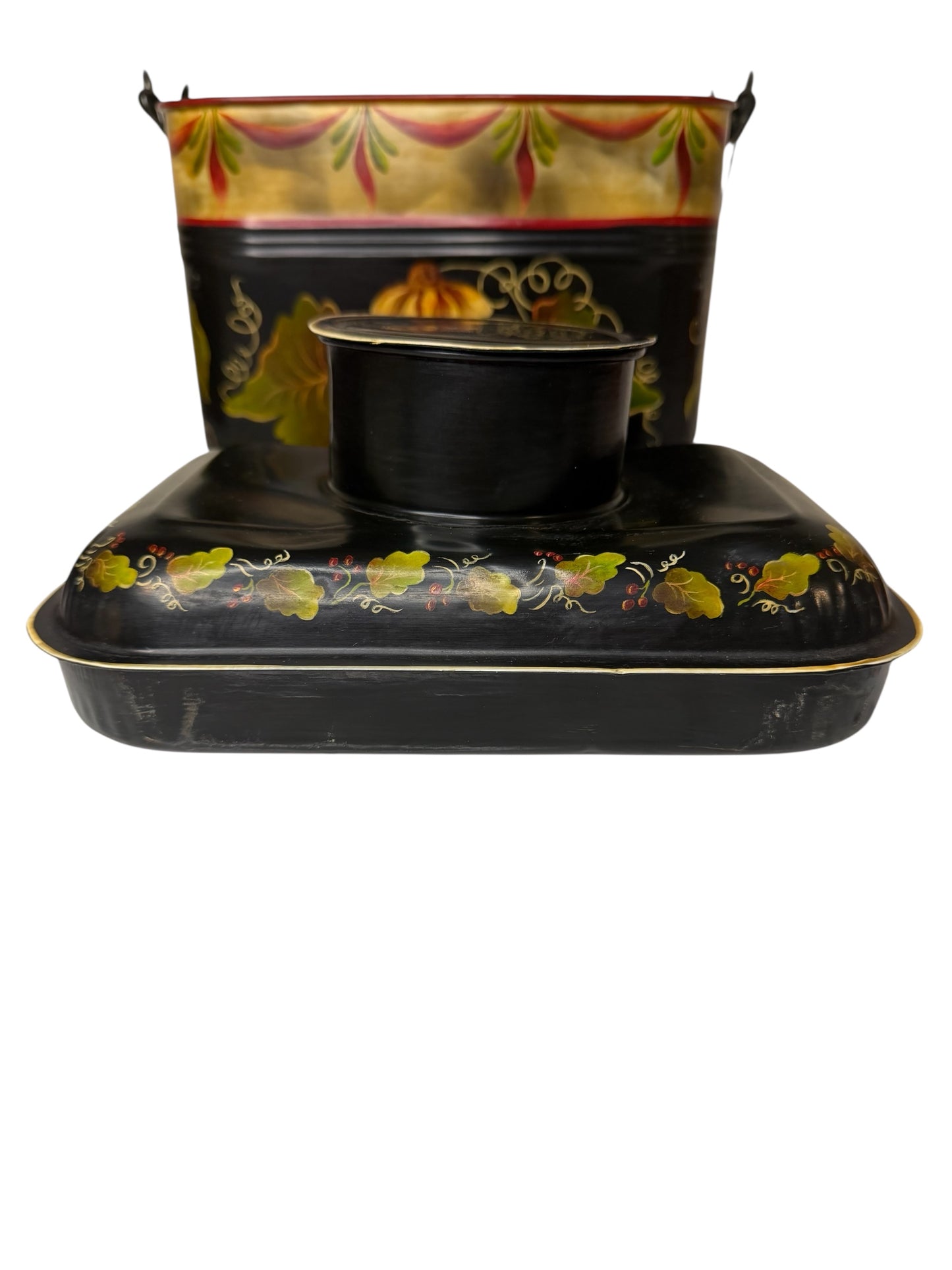 Tole-Painted Antique Metal Lunch Pail – Hand-Painted Floral Folk Art – Vintage Metal Lunch Box