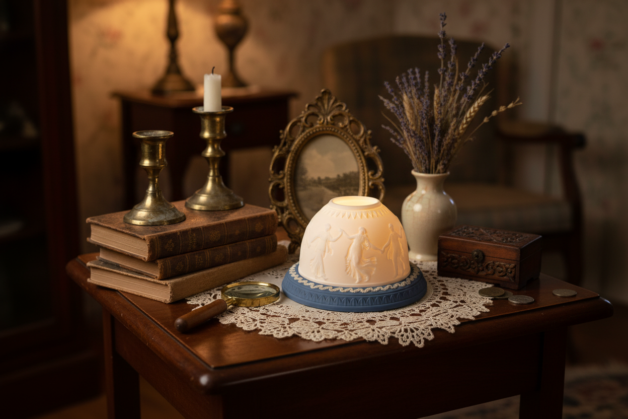 Vintage Wedgwood Blue Jasperware “Dancing Hours” Lithophane Fairy Lamp
