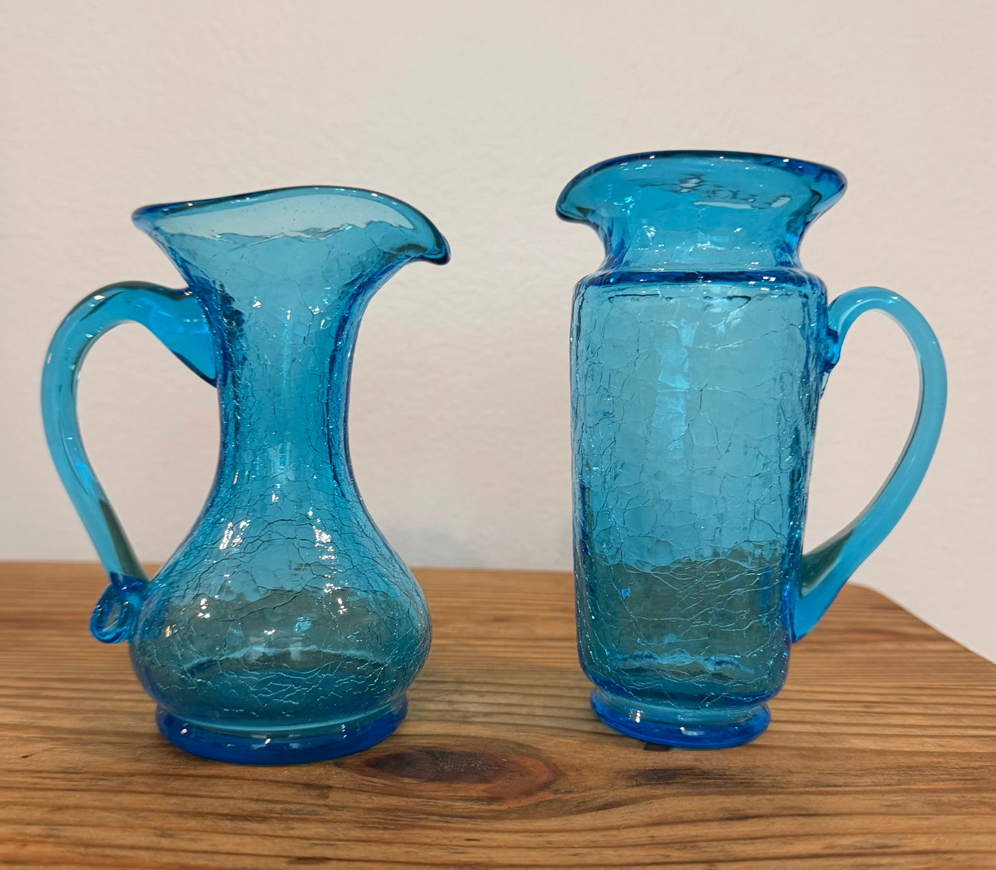 Vintage Kanawha Glass Company Blue Crackle Glass Mini Pitcher Set – Hand Blown (Set of 2)