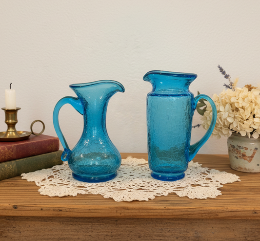 Vintage Kanawha Glass Company Blue Crackle Glass Mini Pitcher Set – Hand Blown (Set of 2)