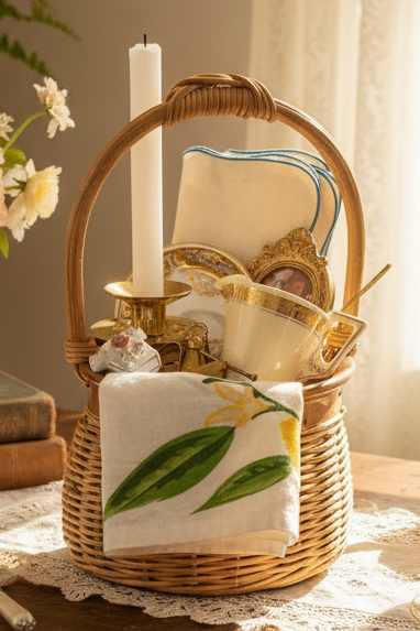 Curated Vintage Grandmillennial Basket | Collected Charm Home Decor Bundle