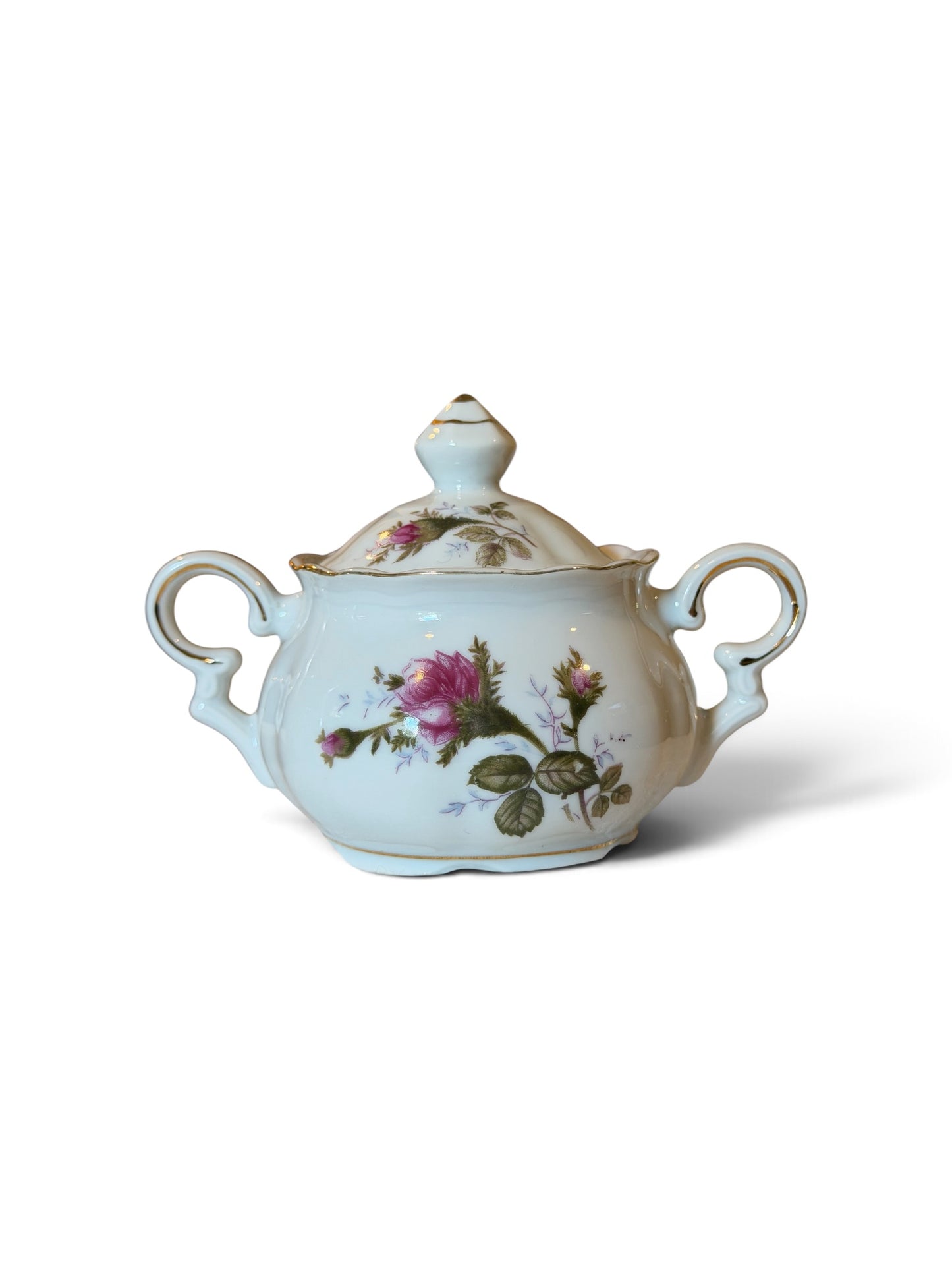 Moss Rose Vintage Porcelain Creamer & Lidded Sugar Bowl Set | Pink Roses Gold Trim