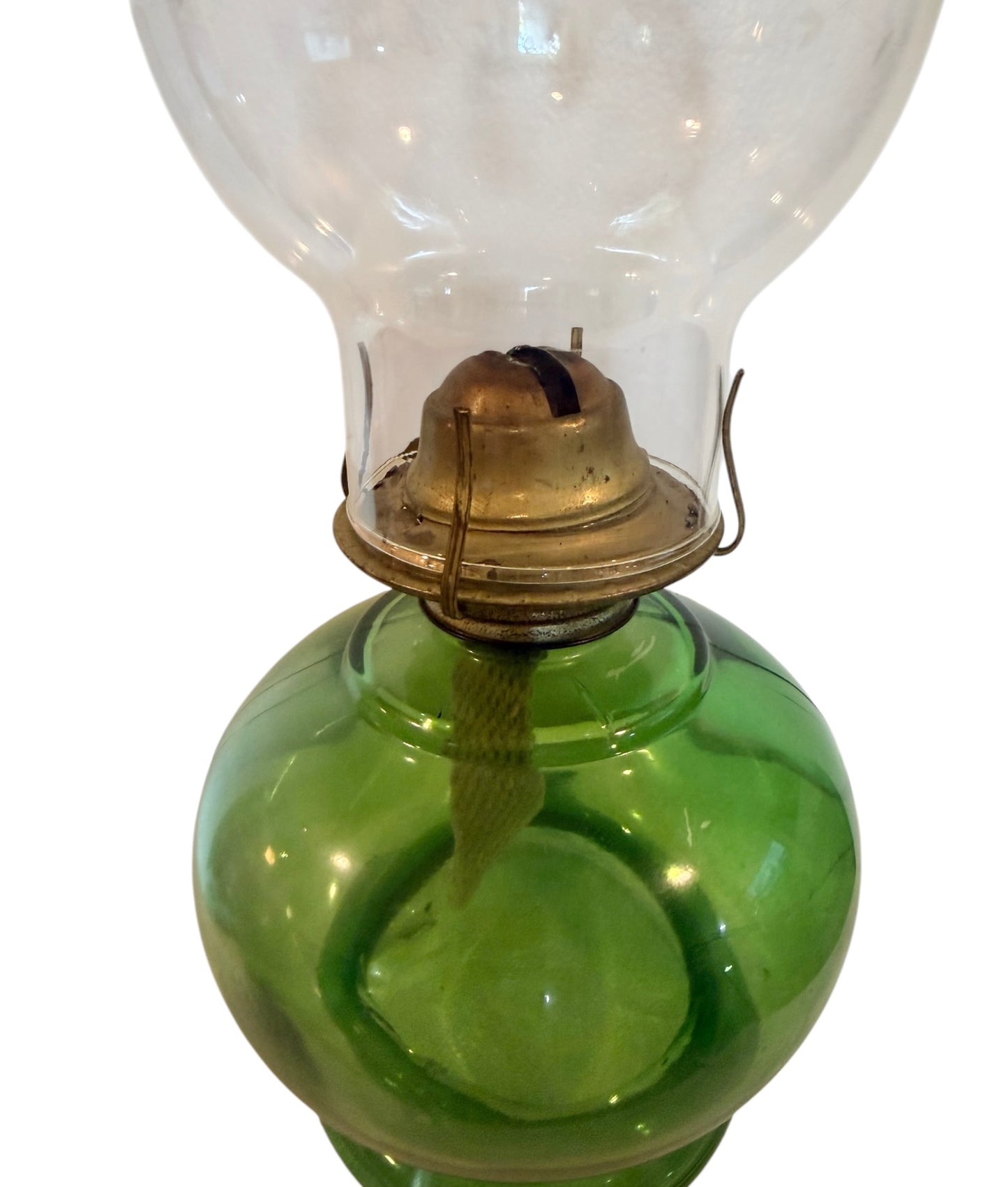 Flashed Green Glass Vintage Hurricane Oil Lamp with Etched Floral Chimney – 15.5”
