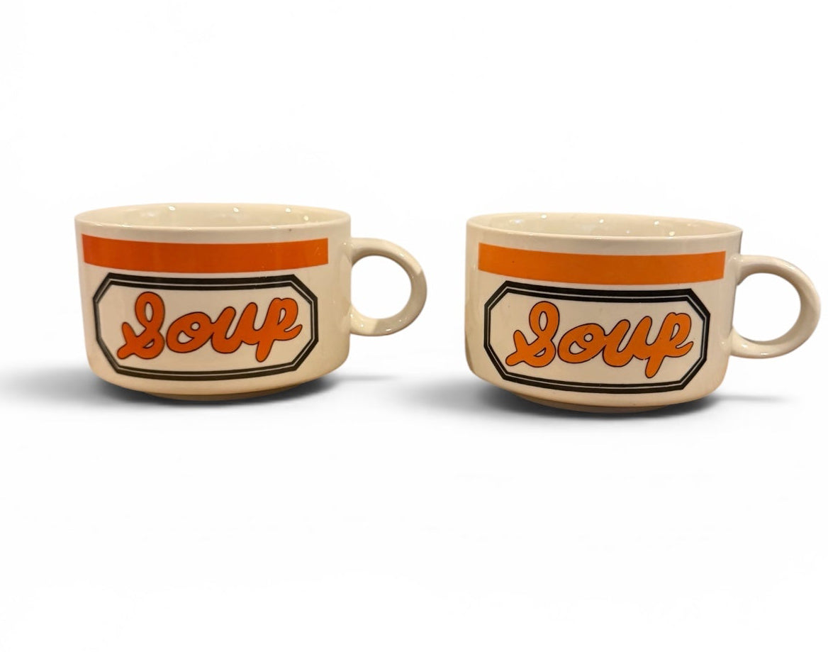 Set of 2 Vintage 1970s–1980s Retro Stoneware “Soup” Mugs