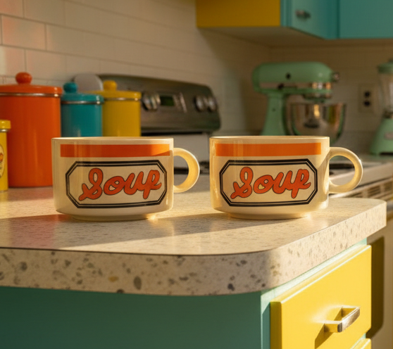 Set of 2 Vintage 1970s–1980s Retro Stoneware “Soup” Mugs