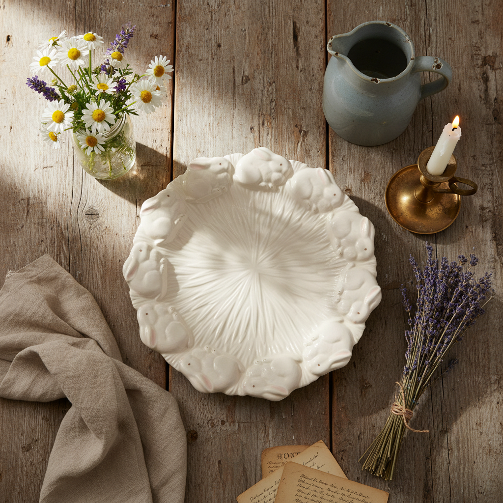 Dedham Potting Shed Style Vintage Rabbit Plate | Embossed White Ceramic Bunny Platter | Cottagecore Easter Decor | Collectible Bunny Dish