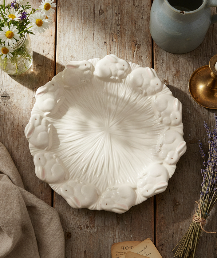 Dedham Potting Shed Style Vintage Rabbit Plate | Embossed White Ceramic Bunny Platter | Cottagecore Easter Decor | Collectible Bunny Dish