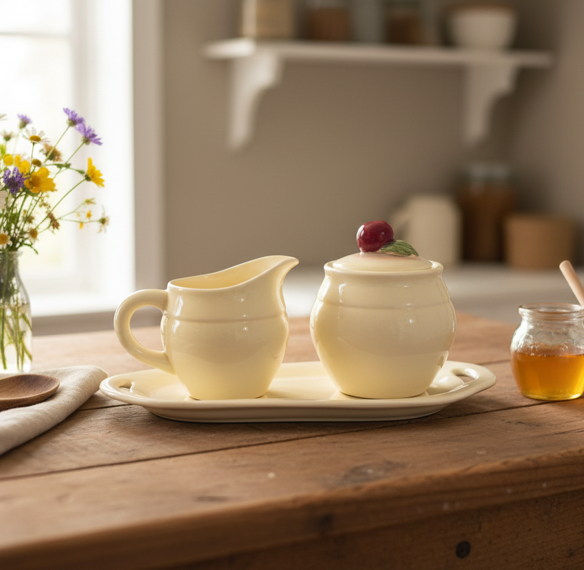 Enesco Vintage Ceramic Creamer, Sugar Jar & Plate Holder Set – Cottagecore Kitchen Decor