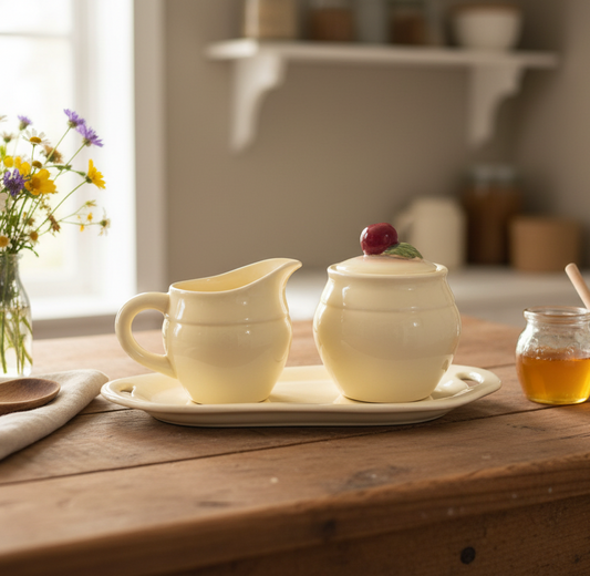 Enesco Vintage Ceramic Creamer, Sugar Jar & Plate Holder Set – Cottagecore Kitchen Decor