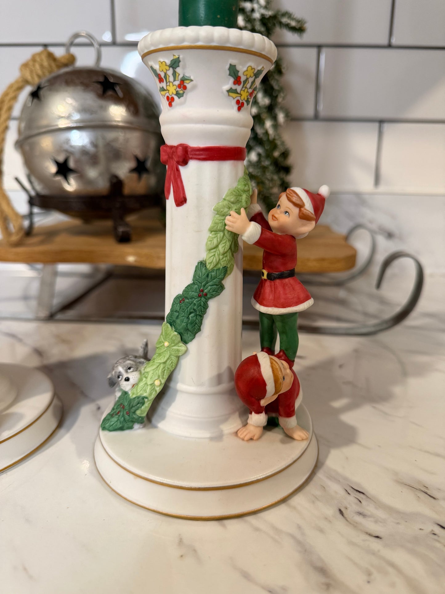 Vintage Danbury Mint “Christmas Candlesticks” — Mrs. Claus & Elves — 1990s Ceramic Pair with 23kt Gold Accents