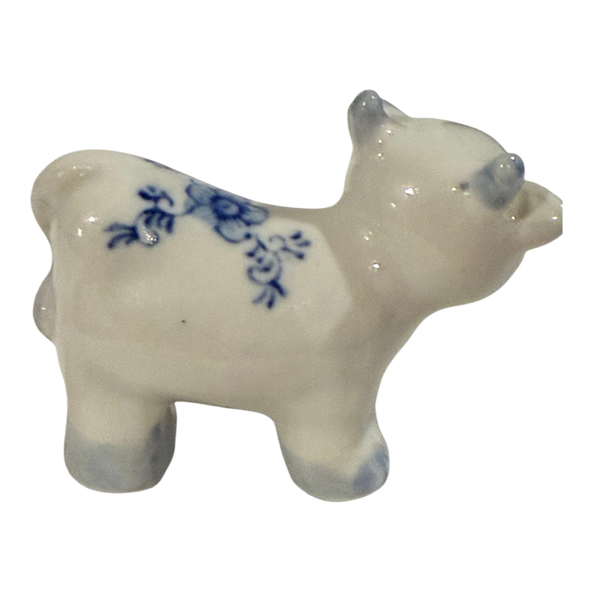 Delft Blue Style Vintage Ceramic Cow Figurine – Blue & White Miniature Floral Ceramic Cow Figurine