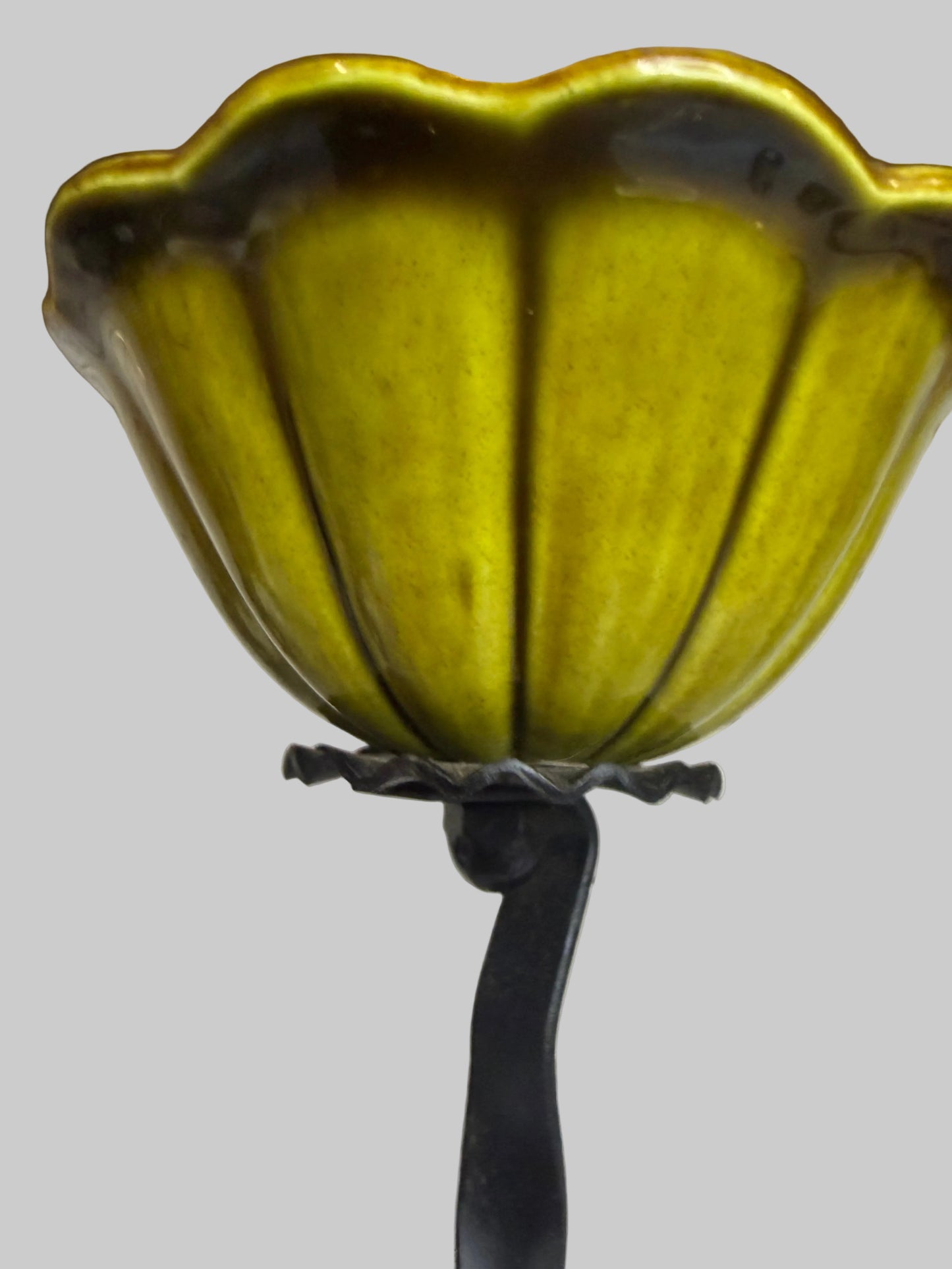 Set of Two Rare Treasure Craft Black Metal & Green Ceramic Candelabra