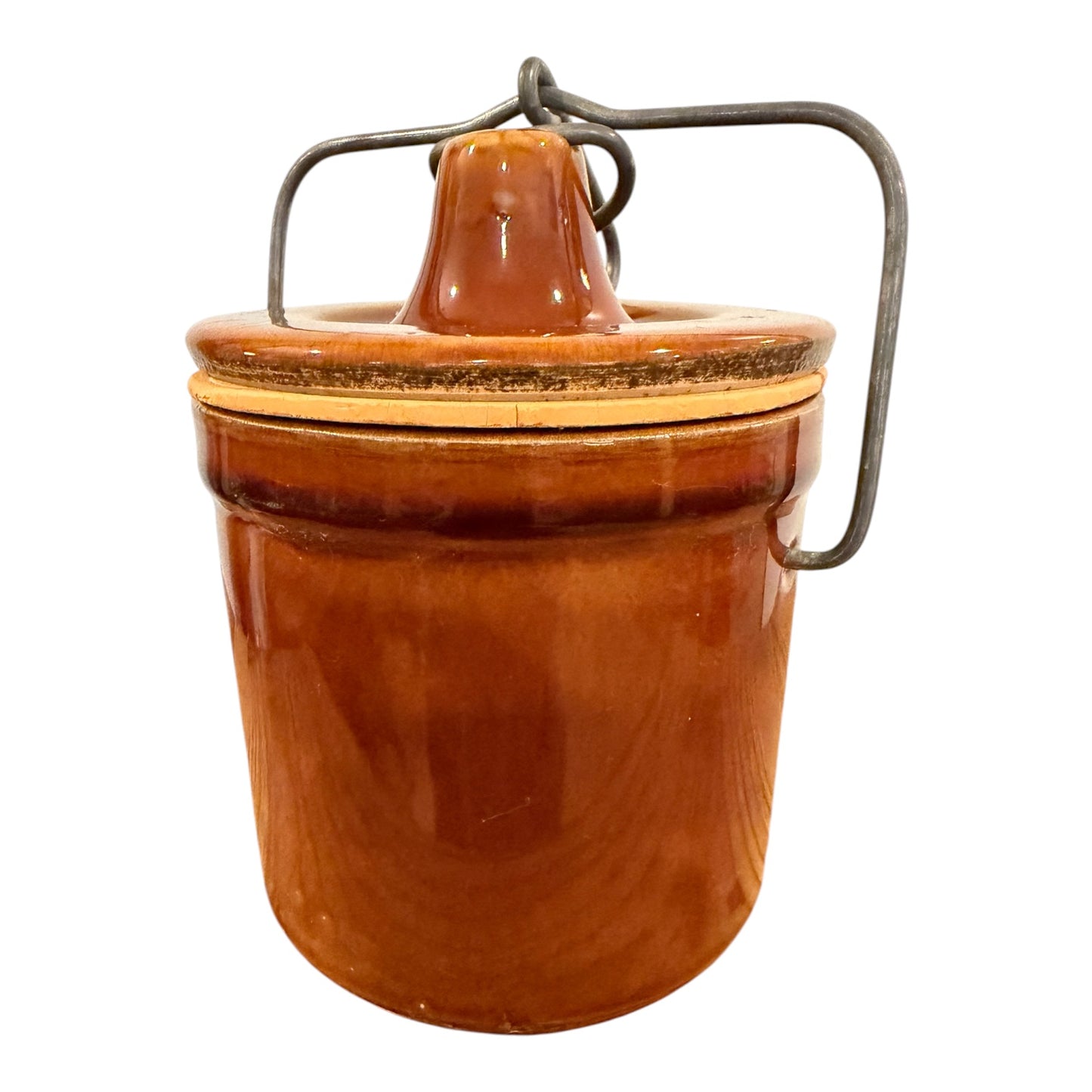 Brown Vintage Stoneware Cheese or Butter Crock with Wire Bail Lid