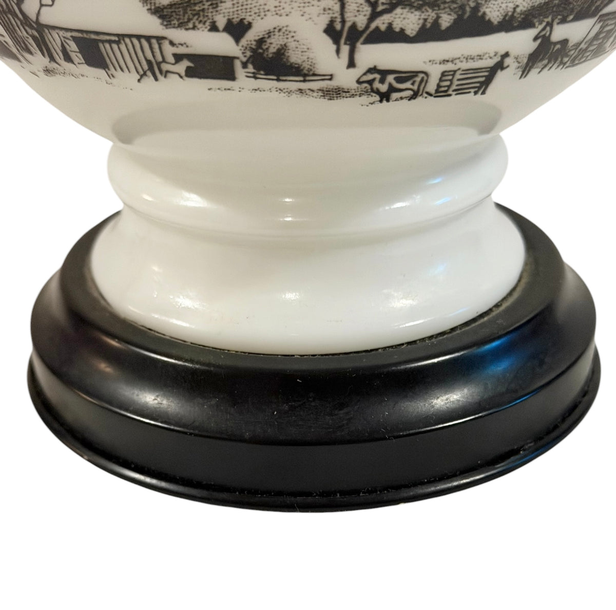 Currier & Ives Vintage Milk Glass Electric Lamp – Black & White Homestead Scene – 17”