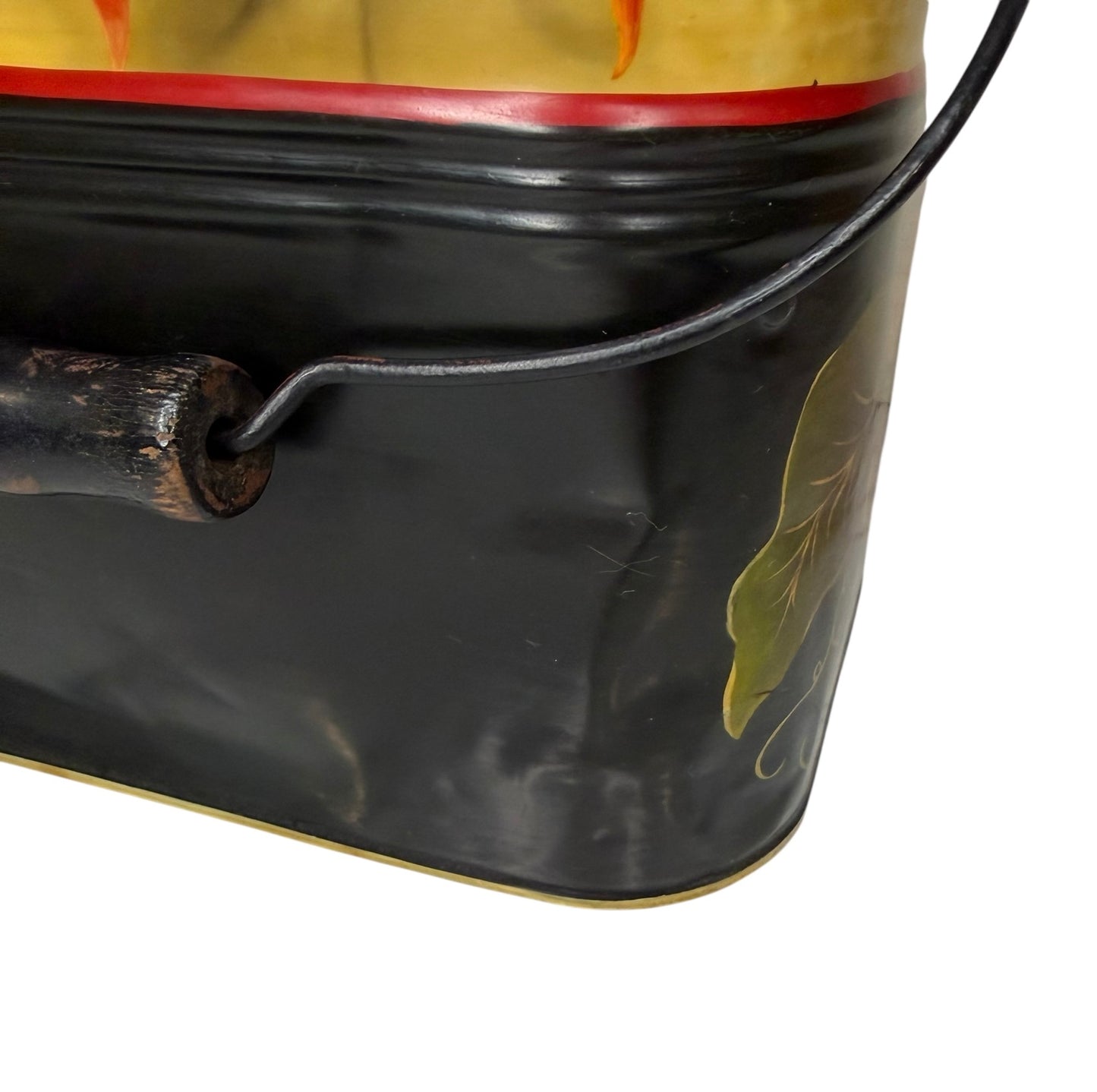 Tole-Painted Antique Metal Lunch Pail – Hand-Painted Floral Folk Art – Vintage Metal Lunch Box