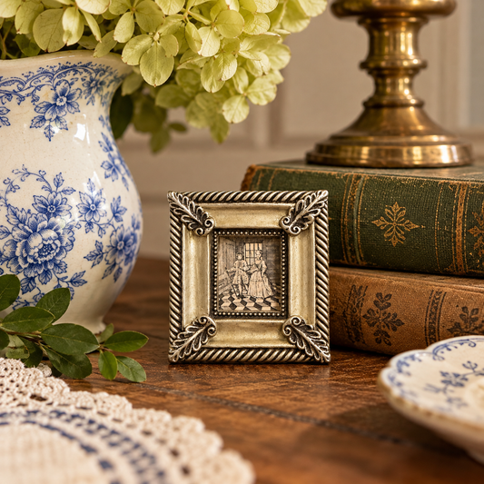 Ornate Silver Square Frame with Historical Couple Book Print | 3” Flea & Frame Creation