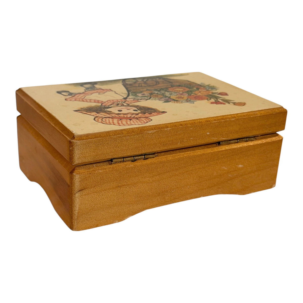 1970s Wooden Holly Hobby Style Jewelry Box | Retro Floral Girl & Pink Velvet Interior
