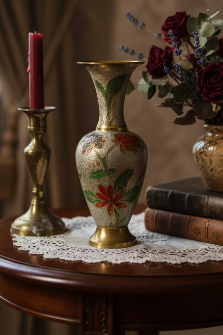 Enameled Vintage Brass Vase – Handcrafted Floral Cloisonné Style – Made in India – 9” Decorative Accent